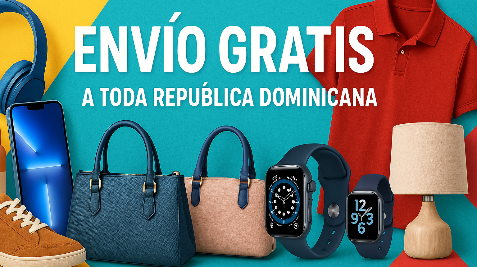 portada con varios productos y con letras que dicen envio gratis a toda republica dominicana. 